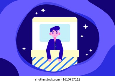 Man character lying in bed suffers from insomnia on dark blue background. Stress and health problem, sleep disorder, anxiety. Flat style vector illustration