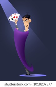 Man character magician hold pocker playing cards and shows focus. Cartoon vector illustration