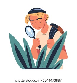 Man Character with Magnifying Glass and Backpack Studying Nature Exploring Green Grass Vector Illustration
