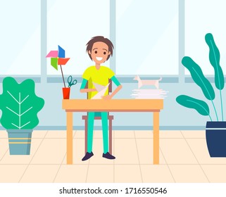 Man character making applique from paper, shape of dog. Smiling male holding application, sitting at table, houseplant indoor, cutout hobby vector