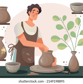 Man character making pot. Pottery hand made hobby workshop craft illustration. Vector graphic design concept
