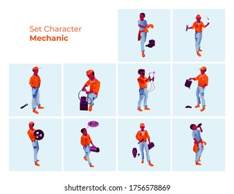 Man Character mechanic set with 10 variant moves on light blue background