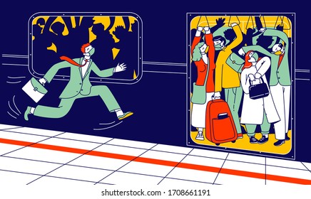 Man Character In Medical Mask Run In Subway Platform To Crowded Train In Rushtime. People Pushing Each Other In Full Metro At Station In Rush Hour. Covid19 Pandemic In City. Linear Vector Illustration