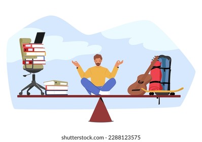 Man Character Meditate On Balance Scale Between Hobby And Career, Contemplating The Trade-off Between Passion And Profession. Career Choices And Work-life Balance. Cartoon People Vector Illustration