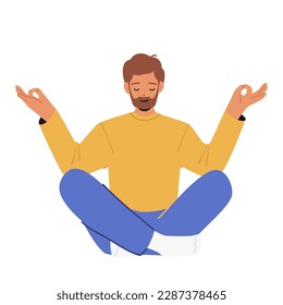 Man Character Meditates, Calming His Mind And Finding Inner Peace. Image Evokes Sense Of Serenity And Can Be Used For Promoting Mindfulness Or Meditation Practices. Cartoon People Vector Illustration