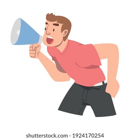 Man Character with Megaphone or Loudspeaker Making Announcement and Advertising Something Vector Illustration