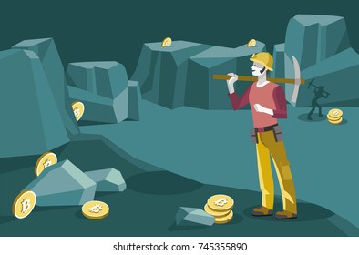 Man character as a miner mining the cryptocurrency with a pickaxe to obtain  bitcoin. Conceptual illustration. Flat editable vector illustration.