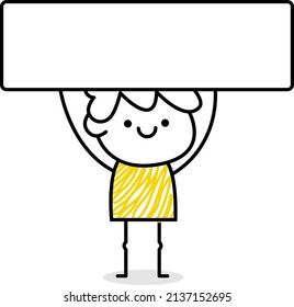 Man character in minimalistic hand drawn line style. Social communication. White, blue and yellow colors. Happy team worker. Hobbies and travel. Management and organization. 