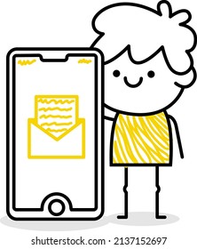 Man character in minimalistic hand drawn line style. Social communication. White, blue and yellow colors. Happy team worker. Hobbies and travel. Management and organization. 