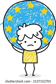 Man character in minimalistic hand drawn line style. Social communication. White, blue and yellow colors. Happy team worker. Hobbies and travel. Management and organization. 