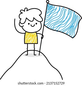 Personaje masculino con estilo minimalista de línea dibujada a mano. Comunicación social. Colores blanco, azul y amarillo. Feliz trabajador del equipo. Hobbies y viajes. Gestión y organización. 