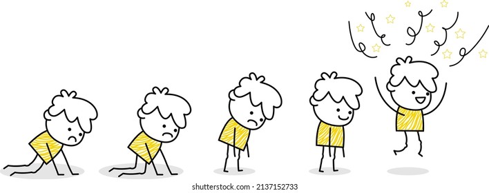 Man character in minimalistic hand drawn line style. Social communication. White, blue and yellow colors. Happy team worker. Hobbies and travel. Management and organization. 