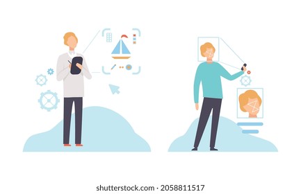 Carácter masculino con gadget moderno mediante conjunto de vectores de tecnología digital inalámbrica