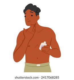 Man Character Moisturize his Faces With Cream, Fostering A Simple Yet Effective Beauty Routine For Healthy, Hydrated Skin. Modern Masculinity Embraces Self-care. Cartoon People Vector Illustration