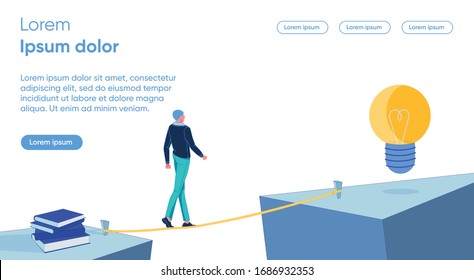 Man Character Moving from Knowledge to Successful Solution. Professional or Personal Development and Seeking Correct Business Decisions, Problems and Tasks Solving. Flat Cartoon Vector Illustration.