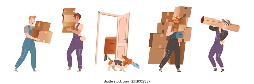 Man Character Moving New House Packing Cardboard Box Vector Set