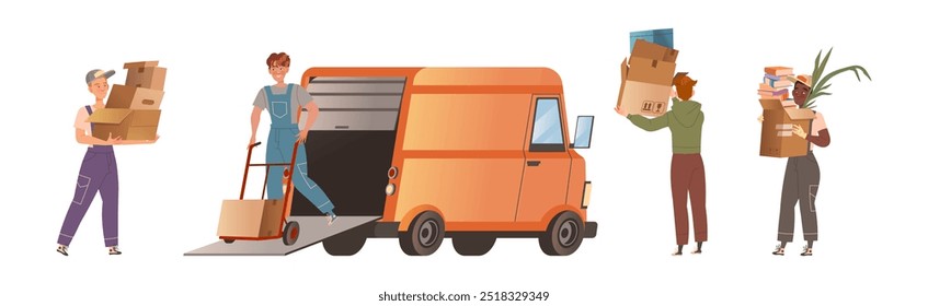 Man Character Moving New House Packing Cardboard Box Vector Set