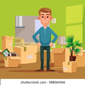 Man character moving to new house. Vector flat cartoon illustration