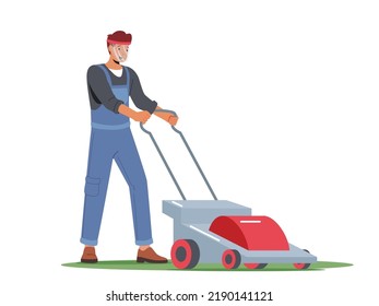 Man Character Mow Lawn in Garden or Public City Park. Gardener or Worker Pushing Lawn Mower Machine for Landscaping and Caring of Home Backyard Cutting and Trimming Grass. Cartoon Vector Illustration