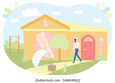 Man Character near House Receiving Package with Parachute Flat Cartoon Vector Illustration. Box Lying on Ground. Fast Delivery Service. Parcel Shipment. Guy Ordering Product to Home.