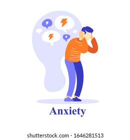 Man character negative thinking, self esteem or doubt, mental health problem, psychological help, counselling concept, obsessive thought, vector flat illustration