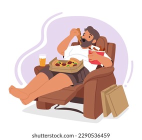 Man Character With Obsessive Eating Is Depicted Lying on Armchair, Consuming Excessive Amounts Of Fast Food And Facing The Negative Consequences Of His Addiction. Cartoon People Vector Illustration