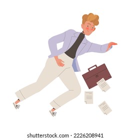 Personaje masculino en ropa de oficina con papel y maletín ahogo flotante tratando de escapar de la ilustración vectorial