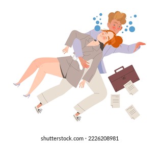 Man Character in Office Clothes Saving Drowning Woman Colleague Pulling Her Out of Water Vector Illustration