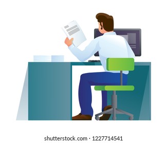 Man character, office worker, sitting at desk in the office on workplace, engaged in work duties, holds documents in hands and studies them, works at computer. Illustration isolated in cartoon style.