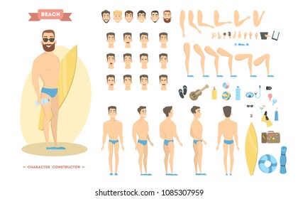 Man character on beach. Poses and emotions with stuff.