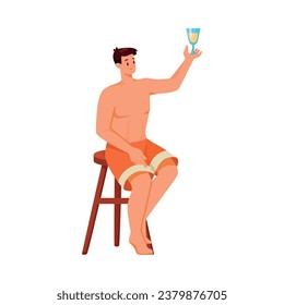 Man Character on Beach Sunbathing Sitting on Chair Drink Refreshing Cocktail Vector Illustration
