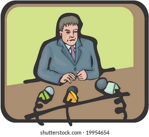 Man Character - on green background with a brown desk and microphone : vector illustration