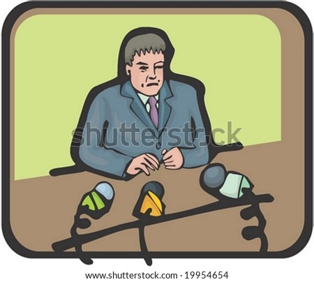 Man Character - on green background with a brown desk and microphone : vector illustration