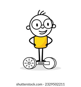El personaje masculino en el tablero de ajedrez aislado en un fondo blanco. Hombre de arte de la línea del doodle dibujado a mano. Ilustración de material vectorial.