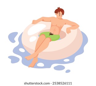 Man Character on Inflatable Rubber Ring or Circle Vector Illustration