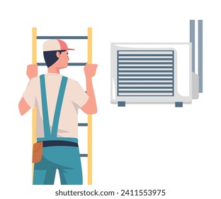 Man Character on Ladder Fix and Repair Ventilation and Air Conditioner Vector Illustration