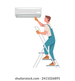 Man Character on Ladder Install Air Conditioner on the Wall Vector Illustration