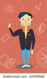 Man character on the office background. Vector illustration in a flat style. Full-length smiled friendly worker. 