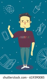 Man character on the office background. Vector illustration in a flat style. Full-length smiled friendly worker. 