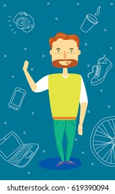 Man character on the office background. Vector illustration in a flat style. Full-length smiled friendly worker. 
