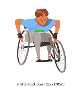 Man Character on Wheelchair Participating in Marathon Running in Sportswear with Number Vector Illustration