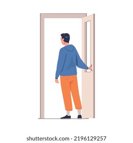 Man Character at Open Door Leaving Home Going Out Vector Illustration