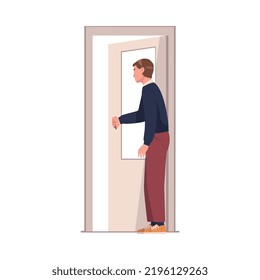 Man Character at Open Door Leaving Home Going Out Vector Illustration