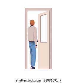 Man Character at Open Door Leaving Home Going Out Vector Illustration