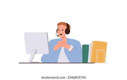 Man character operator of call center wearing headphones talking to client via video chat on laptop