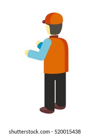 Man character in orange uniform and cap from back. Vector in flat style design. Warehouse, post, store storage worker. Courier or deliveryman holding something. Isolated on white background.