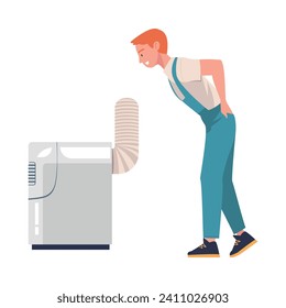 Man Character in Overall Fix and Repair Ventilation and Air Conditioner Vector Illustration
