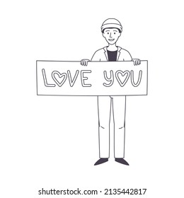 Man Character Partaking in Demonstration for Love with Placard and Word on It Vector Illustration