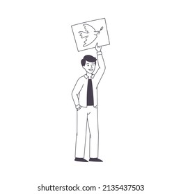 Man Character Partaking in Demonstration for Peace with Placard and Dove on It Vector Illustration