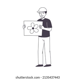 Man Character Partaking in Demonstration with Placard with Flower Vector Illustration